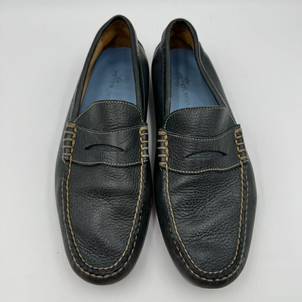 Peter Millar Mens Leather Penny Loafers Black Slip-On Shoes